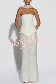 Oakley Corset Strapless Top and Sequin High Rise Maxi Skirt Scarf Set