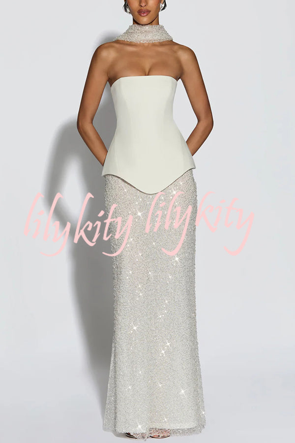 Oakley Corset Strapless Top and Sequin High Rise Maxi Skirt Scarf Set