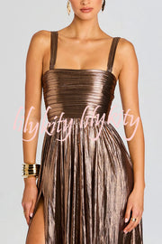 Artistic Quality Metallic Pleated Fabric Removable Straps Slit Maxi Dress