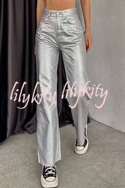 Stylish Metallic Fabric Pocket Casual Straight Wide-Leg Pants