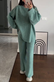 Solid Color Loose Long-sleeved Knit Top and Elastic Waist Casual Straight Leg Pants Set