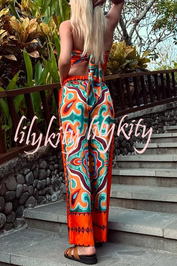 Ethnic Style Unique Print Tube Top and Elastic Waist Casual Pocket Wide Leg Pants Set