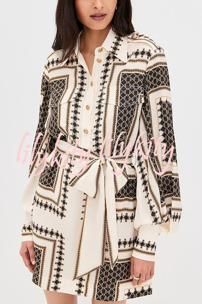 Hildie Unique Print Epaulettes Long Sleeve Flap Pockets Tie-up Waist Shirt Mini Dress