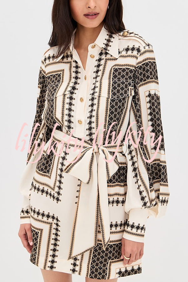 Hildie Unique Print Epaulettes Long Sleeve Flap Pockets Tie-up Waist Shirt Mini Dress