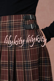 Yehudit Plaid Belt Buckle Design High Rise Pocket Midi Umbrella Skirt