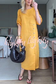 Ultra-comfortable Linen Blend Half Sleeve Front Button Detail Relaxed Pocket Midi Dress