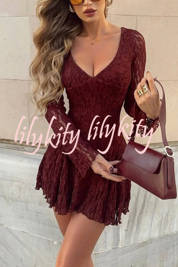 Fashionable Lace Long-sleeved V-neck Slim-fit Mini Dress