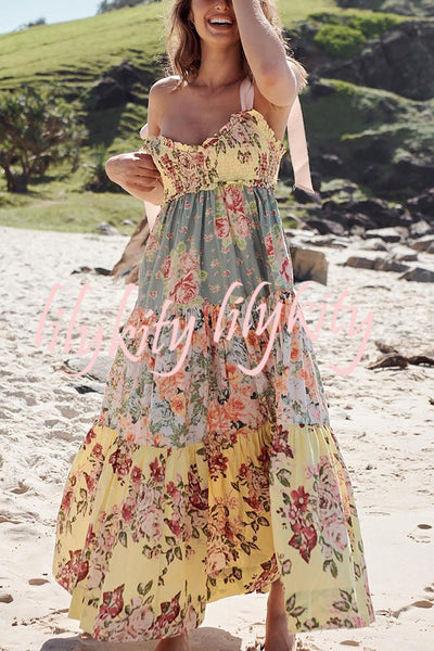 Floral Print Strappy Pleated Paneled Maxi Dress