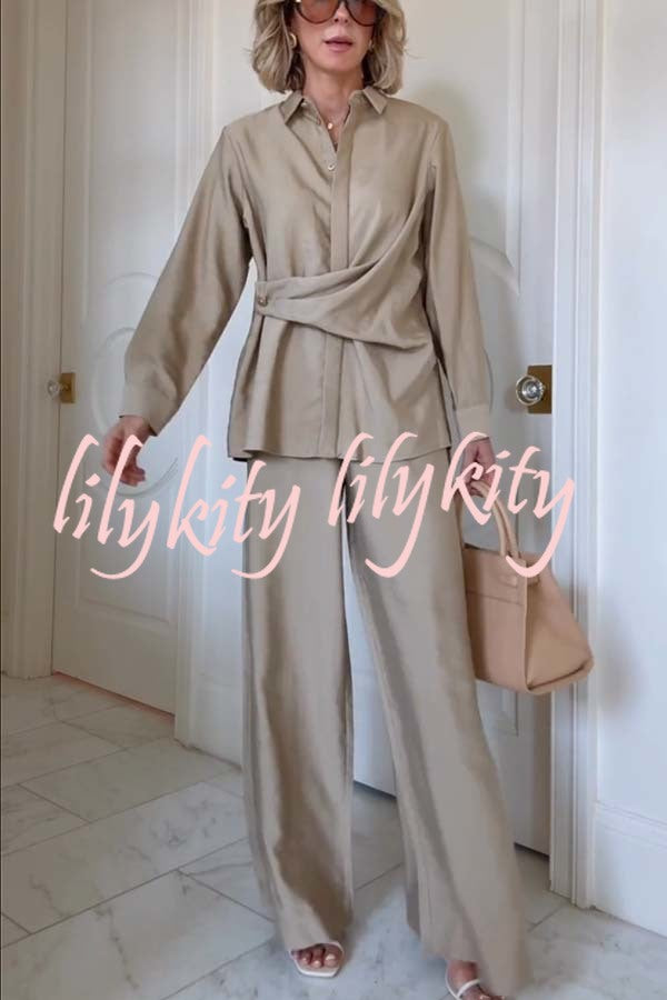 Juliette Cross-front Button Up Long Sleeve Shirt and Elastic Waist Pocket Loose Pants Set