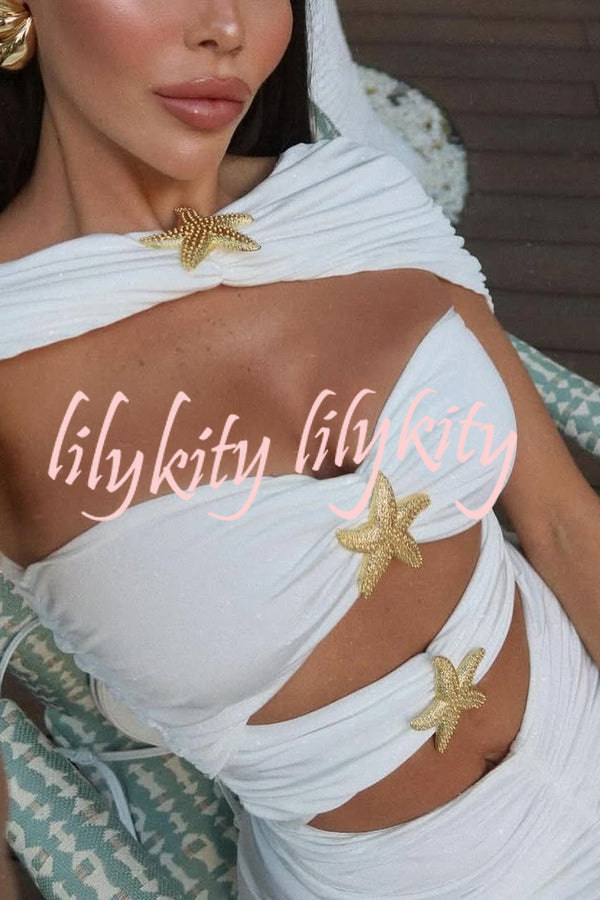 Solid Starfish Decoration Shawl and Cutout Stretch One-Piece Swimsuit