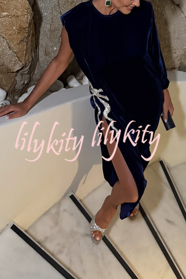 Shaya Velvet Asymmetrical Silhouette One Sleeve Shiny Bow Design Slit Maxi Dress