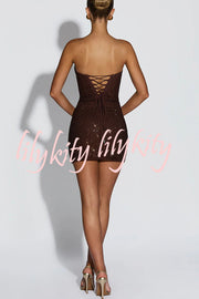 Lindsay Sequin Pleated Cowl Scooped Neckline Back Lace-up Strapless Mini Dress