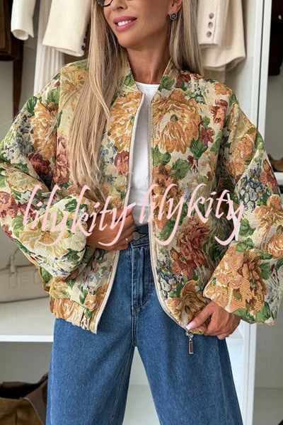 Floral Print Loose Long-sleeved Zip-up Jacket