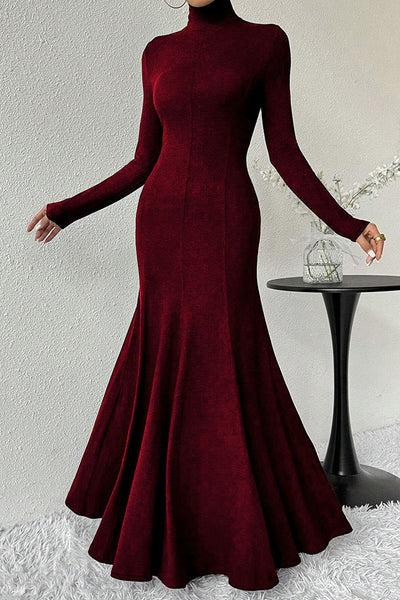 Solid Color High-neck Long-sleeved Slim-fit Fishtail Elegant Maxi Dress