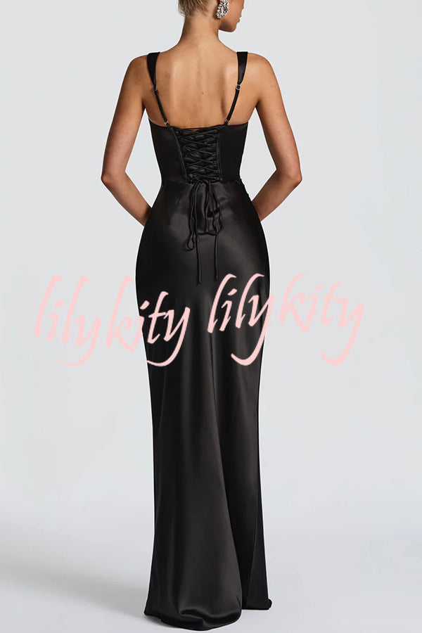 Calanthe Satin Square Neck Ruched Back Lace-up Drape Mesh Scarf Maxi Dress