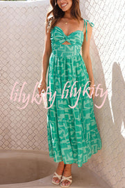 Unique Printed Suspender Tie Back Pleated Midi Dress