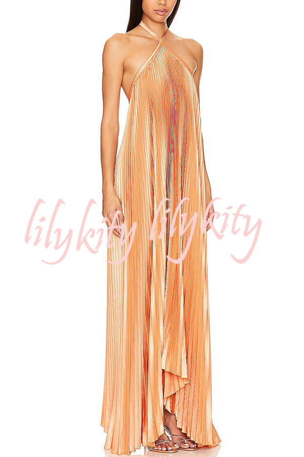 Luxurious Atmosphere Satin Halter Neck Backless A-line Gown Maxi Dress