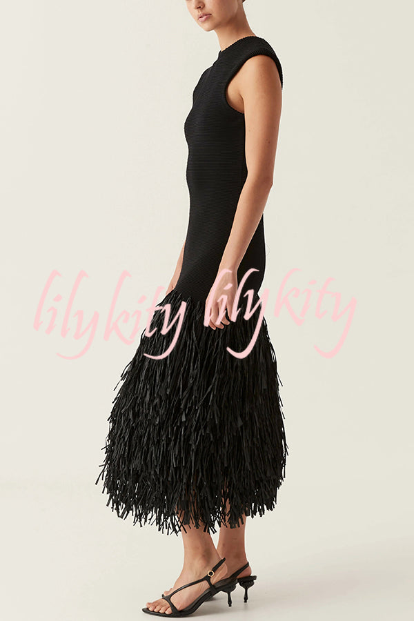 Christie Ribbed Patchwork Tiered Fringed Hem Zipper Backless Maxi Dress