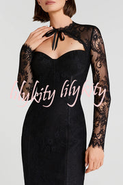 Mylene Lace Corset Cut Sweetheart Tie-up Neck Sheer Long Sleeve Slit Midi Dress