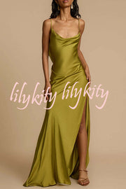 Evening Date Satin Cowl Neck Drape Ruffle Backless Bias Cut Party Maxi Dress