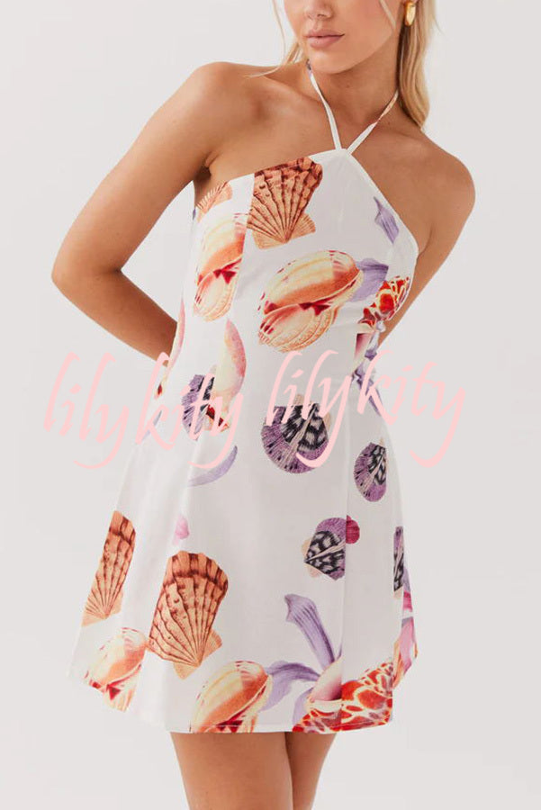 Seaside Bouquet Linen Blend Shells Unique Print Halter Mini Dress