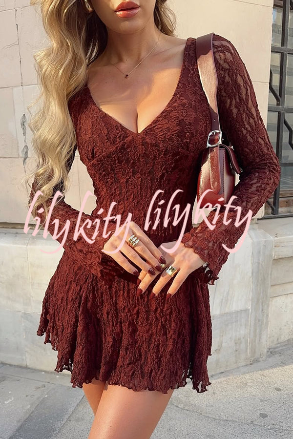 Fashionable Lace Long-sleeved V-neck Slim-fit Mini Dress