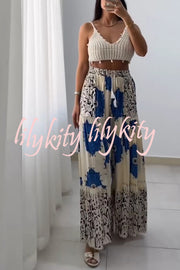 Unique Print Elastic High Waist Tie Pocket Holiday Style Wide Leg Pants