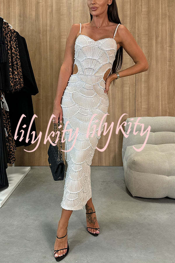 Own It Pearl Sequin Embellished Sexy Backless Cutout Strap Maxi Dress