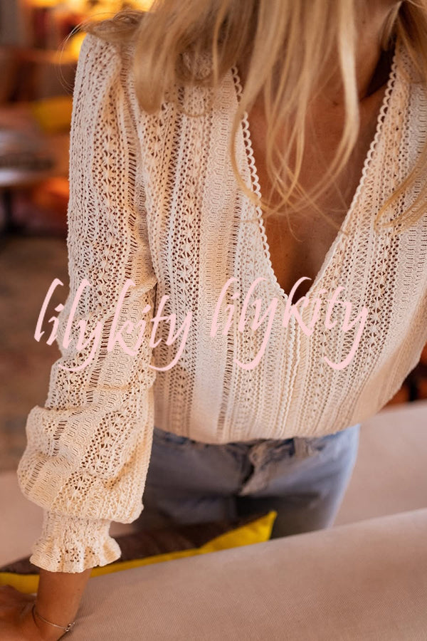 Elegant Openwork V-neck Long-sleeved Casual Shirt