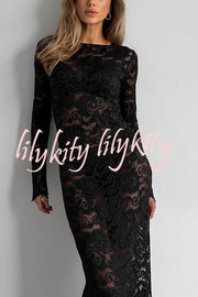 Sexy Openwork Lace Long-sleeved Slim-fit Fishtail Maxi Dress