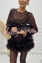 Alyssa Lace Fabric Tulle Layered Petals Trim Long Sleeve Mini Dress