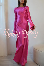 Satin Elegant Long-sleeved Open-back Slim-fit Slit Maxi Dress