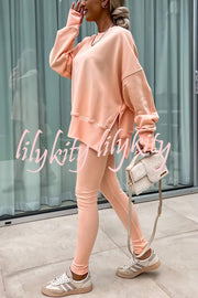 Solid Color Loose Long Sleeve SlitSweatshirt and Elastic Waist Tight Pants Set