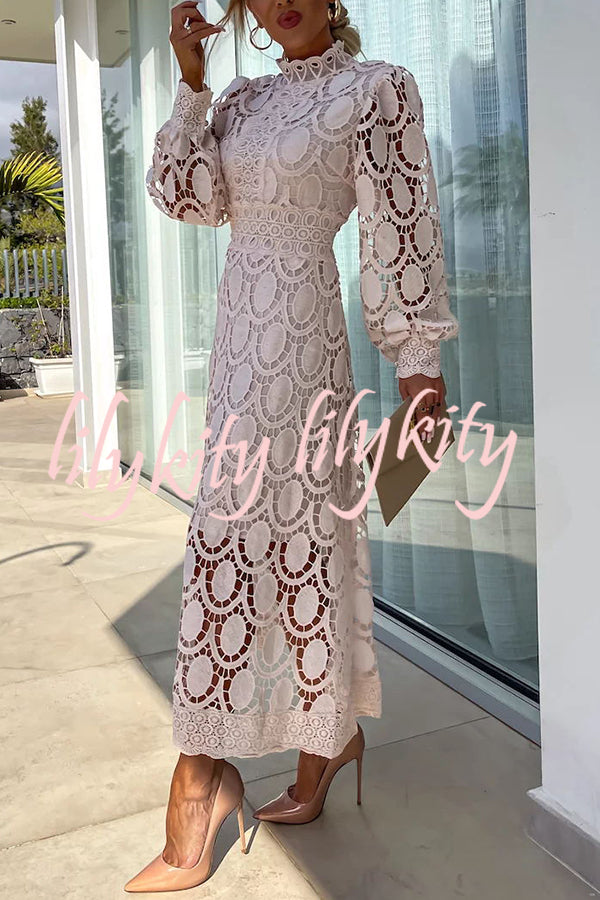 Romantic, Sensual and Elegant Crochet Lace Lantern Sleeve Party Midi Dress