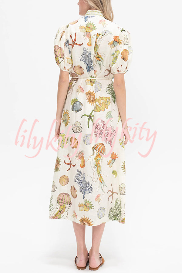 Beach Shell Print Puff Sleeve Tie-Waist Casual Midi Dress