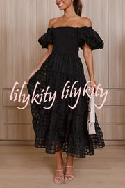 Solid Color Off-shoulder Lantern Sleeve Patchwork Midi Dress