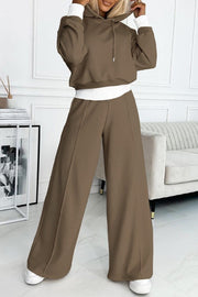 Stylish Patchwork Hooded Sweatshirt and Elastic Waist Tie Pocket Wide Leg Pants Set