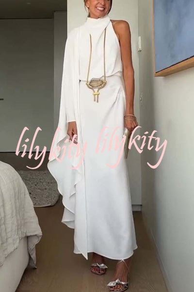 Exquisite Moment High Cowl Neck Irregular Draped Single Sleeve Maxi Dress