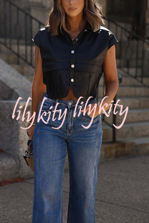 Fashion Faux Leather Pocket Sleeveless Cropped Jacket