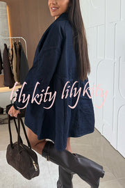 Fashion Heart Button Long Sleeve Casual Pocket Denim Mini Dress