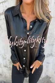 Holiday Look Solid Metallic Loose Pocket Button-down Blouse