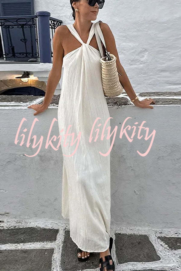 Sea angel Linen Blend Textured Fabric Halter Vacation Maxi Dress