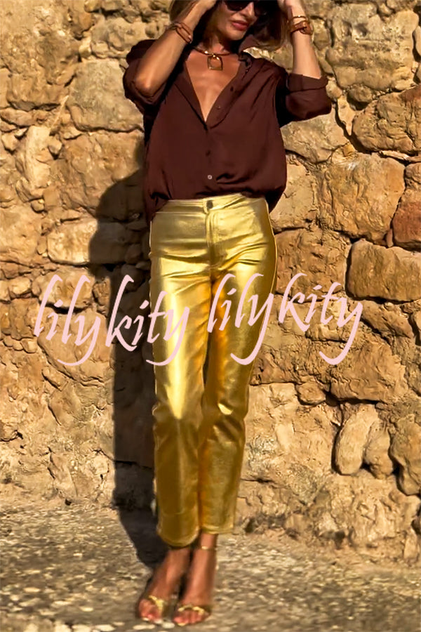 Golden Years Metallic Fabric Mid-Rise Pocketed Stretch Pants