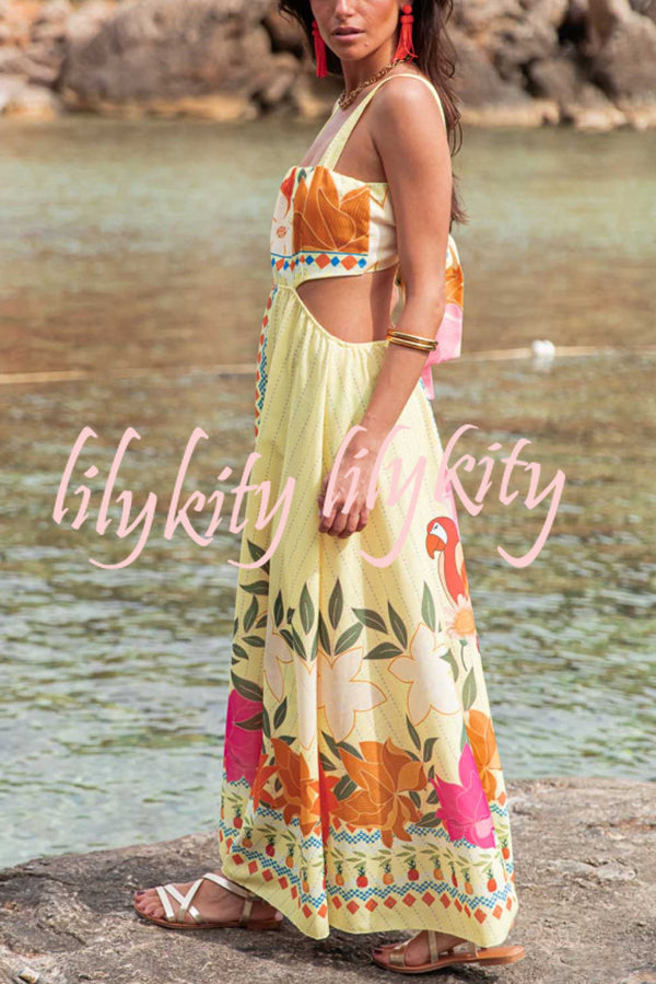 Resort Style Unique Print Sexy Square Neck Backless Waist Maxi Dress