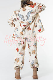 Angel Wings Denim Unique Print Button Up Long Sleeve Pocketed Relaxed Jacket