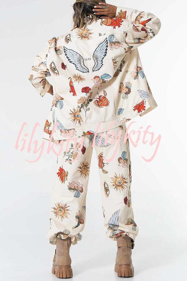 Angel Wings Denim Unique Print Button Up Long Sleeve Pocketed Relaxed Jacket