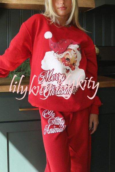 Christmas Santa Print Loose Round Neck Sweatshirt and Elastic Waist Casual Pants Set