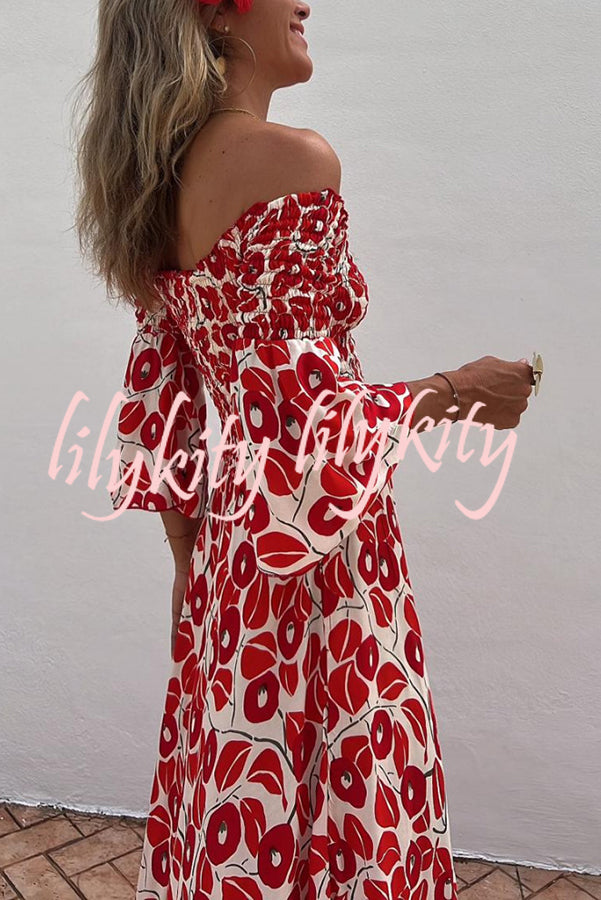 Close To The Vacation Floral Print Smocked Off Shoulder Pocketed Maxi Dress