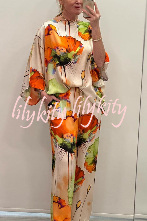 Satin Botanical Print Crew Neck Casual Top and Elastic Waist Loose Pocket Pants Set