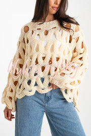 Solid Color Casual Hollow Long-sleeved Holiday Knitted Sweater